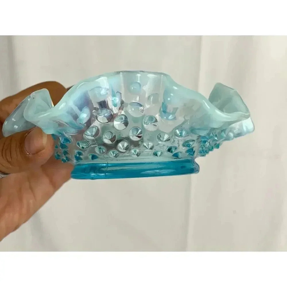VTG Fenton Ruffled Blue Hobnail Glass Candy Dish Crimped Edges Home Decor - Picture 16 of 16